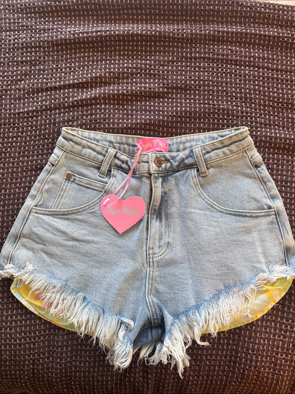 Sugar Thrillz Light Blue Denim High-Rise Frayed Hem Shorts with Yellow Trim